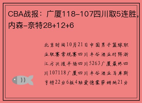 CBA战报：广厦118-107四川取5连胜，内森-奈特28+12+6