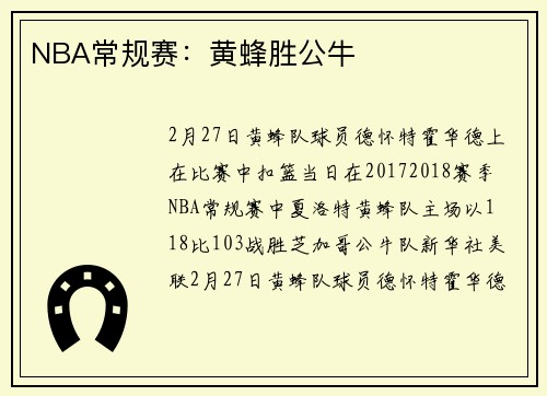 NBA常规赛：黄蜂胜公牛