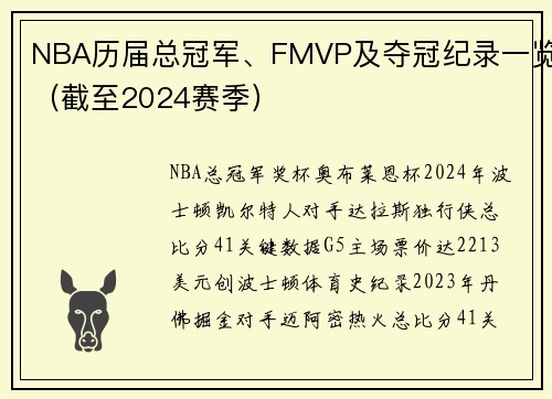 NBA历届总冠军、FMVP及夺冠纪录一览（截至2024赛季）