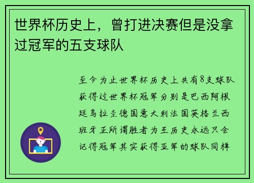 世界杯历史上，曾打进决赛但是没拿过冠军的五支球队