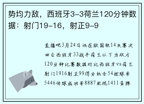 势均力敌，西班牙3-3荷兰120分钟数据：射门19-16，射正9-9