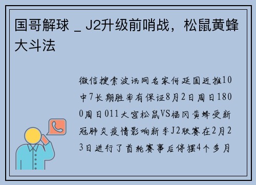 国哥解球 _ J2升级前哨战，松鼠黄蜂大斗法