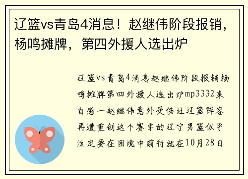 辽篮vs青岛4消息！赵继伟阶段报销，杨鸣摊牌，第四外援人选出炉